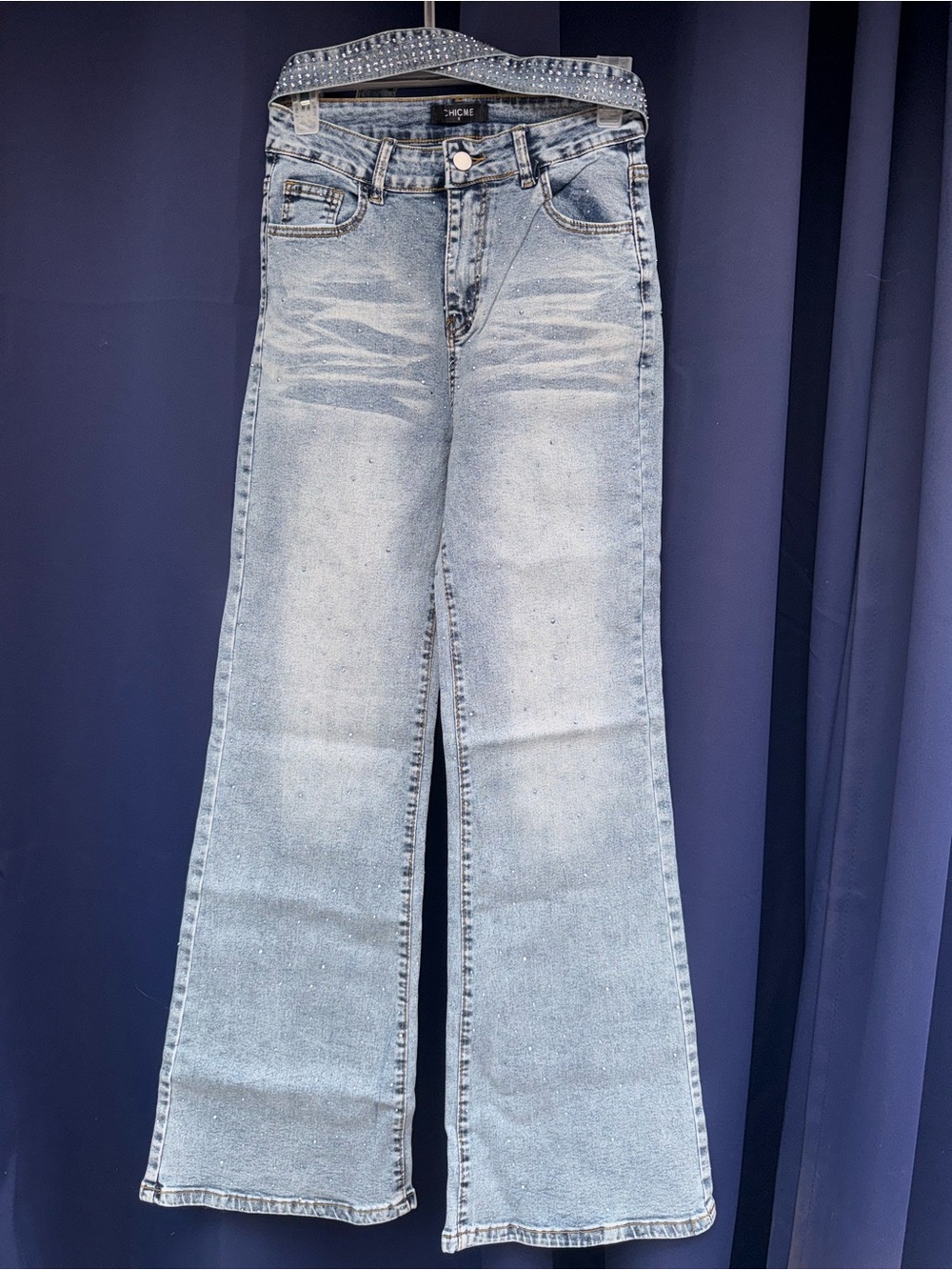 Sparkle-Detail Light Wash High-Rise Wide Leg Jeans
